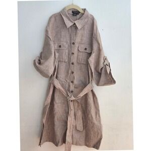 J Peterman Company Linen Utility Dress Beige Tan Button Up Belted Midi Small
